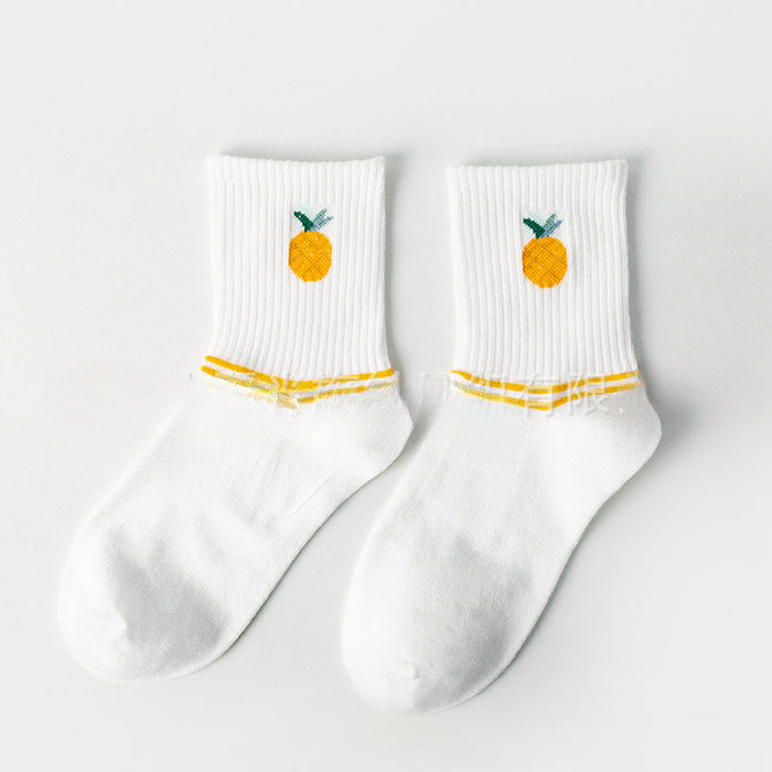 Wholesale 10pcs Polyester Cotton Yellow Pineapple Socks Versatile Plaid Mid-calf Socks JDC-SK-Miqi010