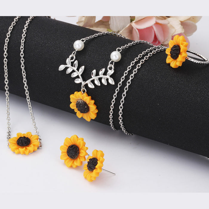 Wholesale Jewelry Creative Sunflower Necklace Sunflower Earrings Flower Bracelet Set of Four