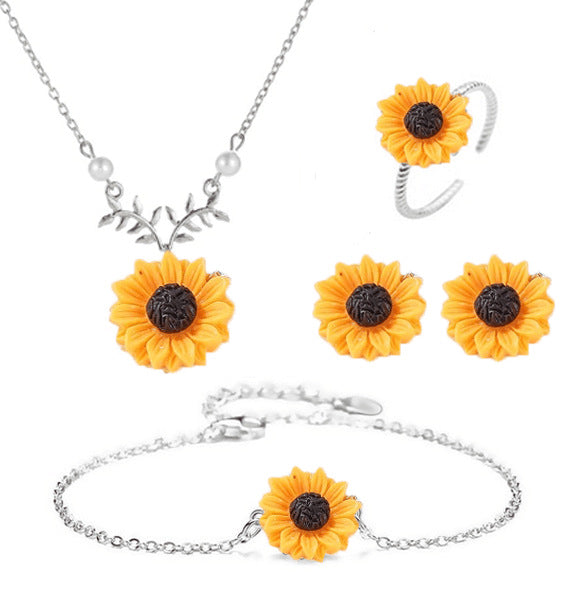 Wholesale Jewelry Creative Sunflower Necklace Sunflower Earrings Flower Bracelet Set of Four