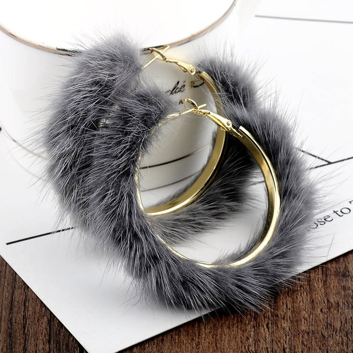 Wholesale Earrings Metal Mink Hair Large Hoop Round JDC-ES-XLL001