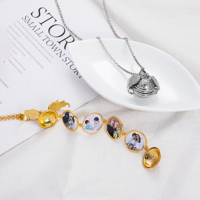Wholesale Multi layer picture box that can be opened, photo pendant, new hollowed out wing folding necklace accessory