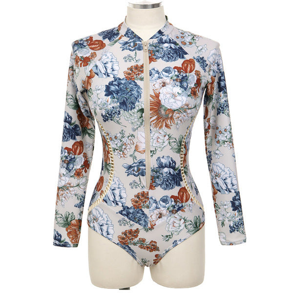 Wholesale New slimming long sleeved zipper floral triangle one-piece swimsuit diving suit