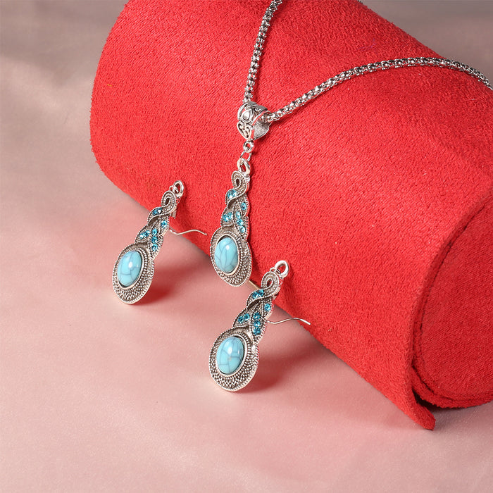 Wholesale Retro Blue Crystal Turquoise Gourd Necklace Earrings