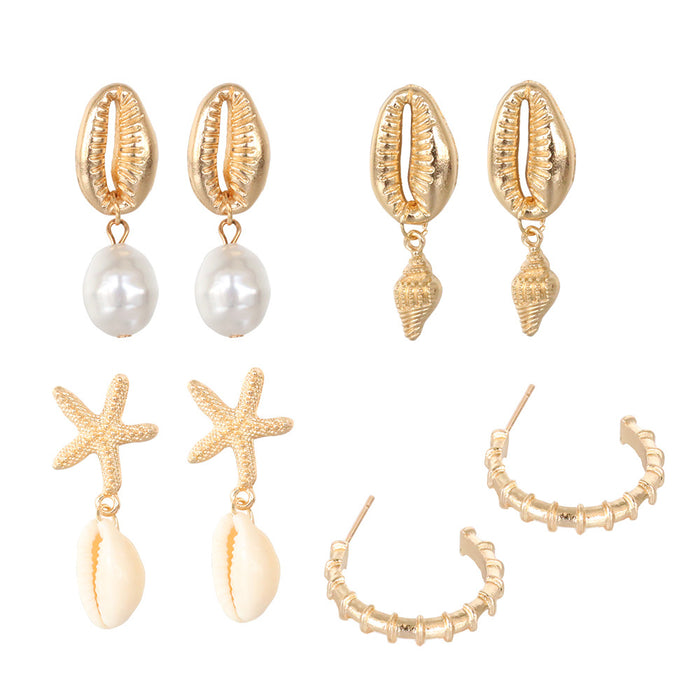Wholesale Earrings Bohemian Shell Irregular Pearl Conch Sea Star Earrings Drop Earrings 4 Pair Set