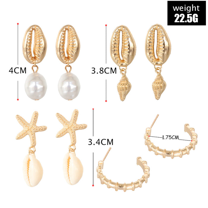Wholesale Earrings Bohemian Shell Irregular Pearl Conch Sea Star Earrings Drop Earrings 4 Pair Set