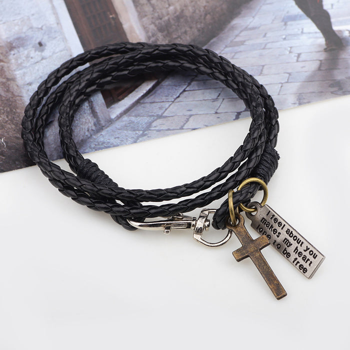 Wholesale Cross PU Braided Rope Double Layer Bracelet JDC-BT-QiN023