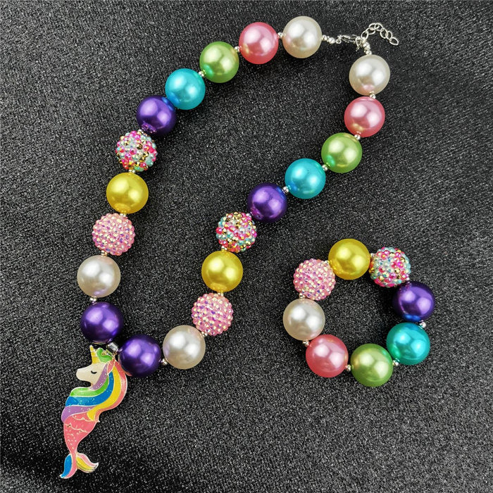 Wholesale Mermaid Pearl Unicorn Kids Necklace Set JDC-NE-ShengXi002