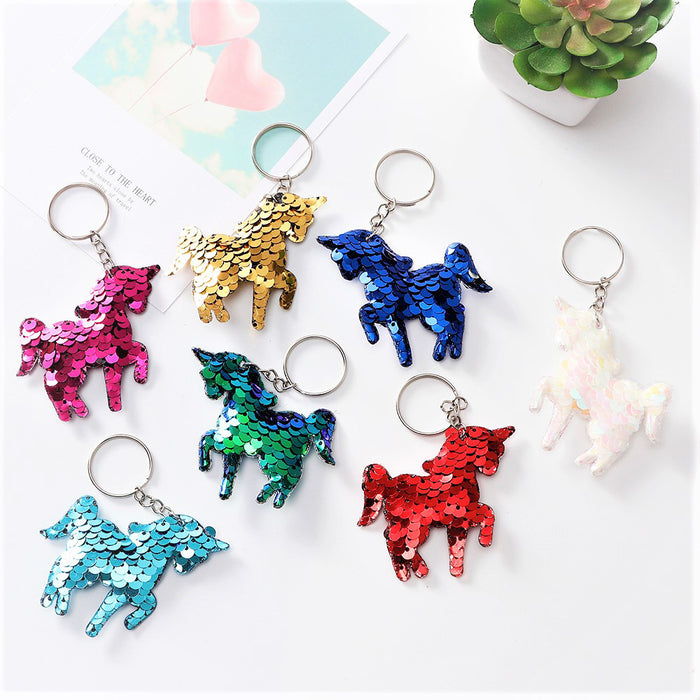 Wholesale double-sided reflective sequins keychain unicorn bag pendant key