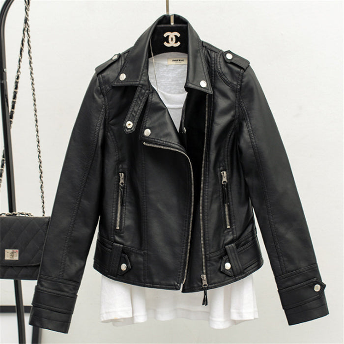 Wholesale New Slim Fit Lapel Leather Jacket Women's Short Jacket Women's PU Jacket Motorcycle Suit Women's Clothing JDC-CTS-ZX007