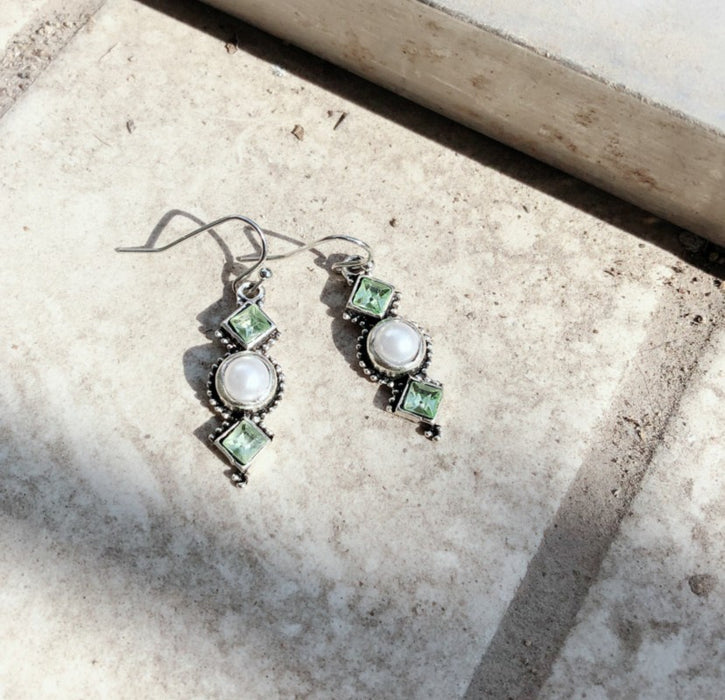 Wholesale Vintage Thai Silver Pearl Earrings Creative Square Diamond Olive Green Long Earrings