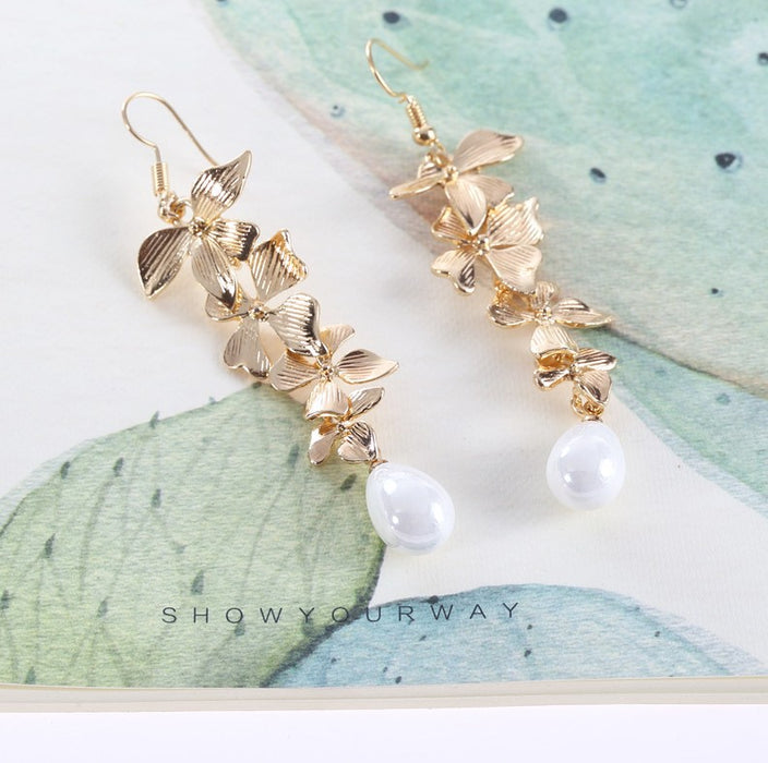 Wholesale Sweet flower pearl earrings long tassel gold orchid matte hook