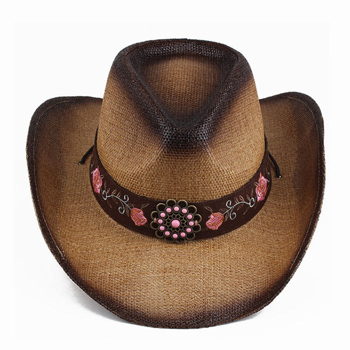 Wholesale Summer Straw Cowboy Hat Embroidery Breathable Sunshade JDC-FH-DG012