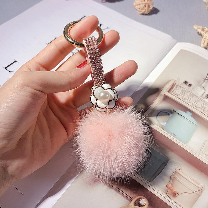 Wholesale Rhinestone Camellia Mink Ball Keychain JDC-KC-LX055