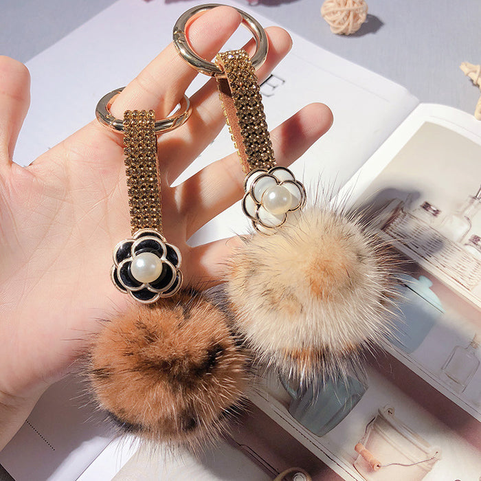 Wholesale Rhinestone Camellia Mink Ball Keychain JDC-KC-LX055