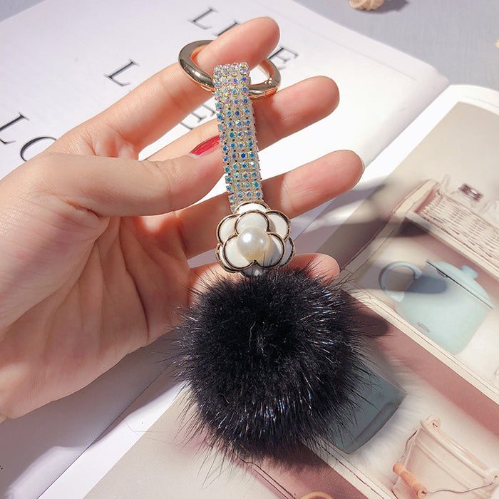 Wholesale Rhinestone Camellia Mink Ball Keychain JDC-KC-LX055