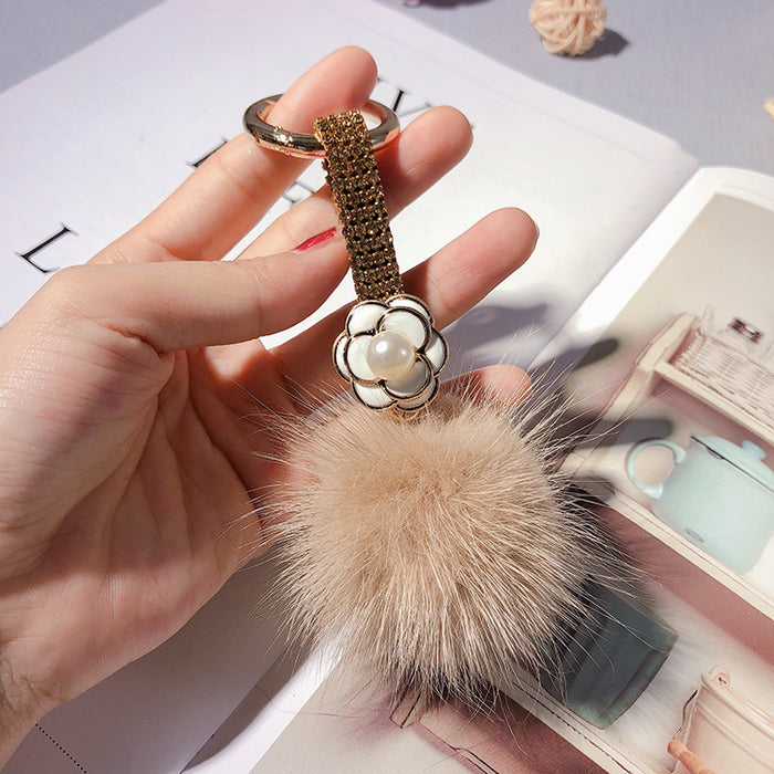 Wholesale Rhinestone Camellia Mink Ball Keychain JDC-KC-LX055