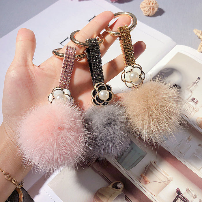 Wholesale Rhinestone Camellia Mink Ball Keychain JDC-KC-LX055