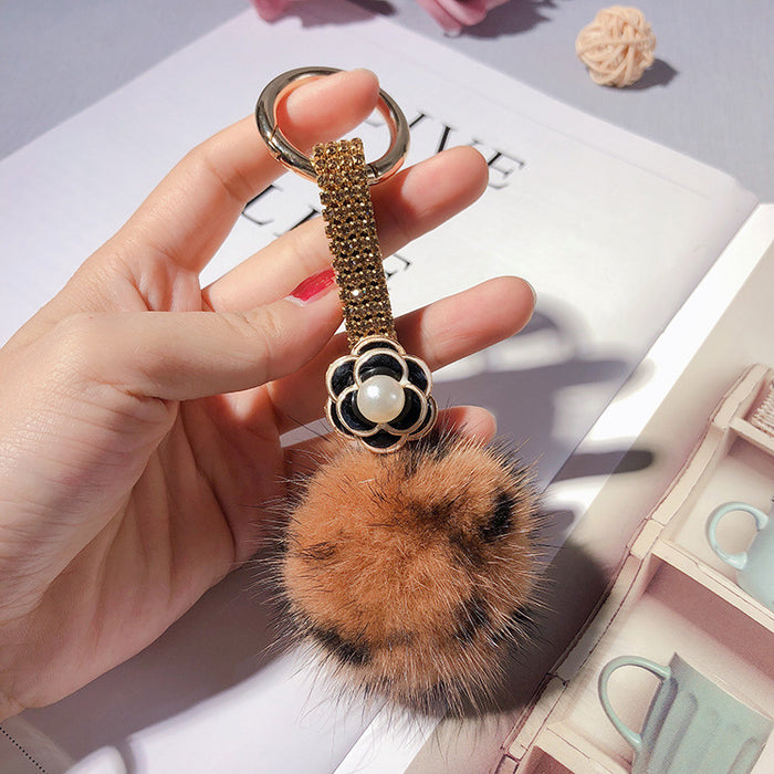 Wholesale Rhinestone Camellia Mink Ball Keychain JDC-KC-LX055