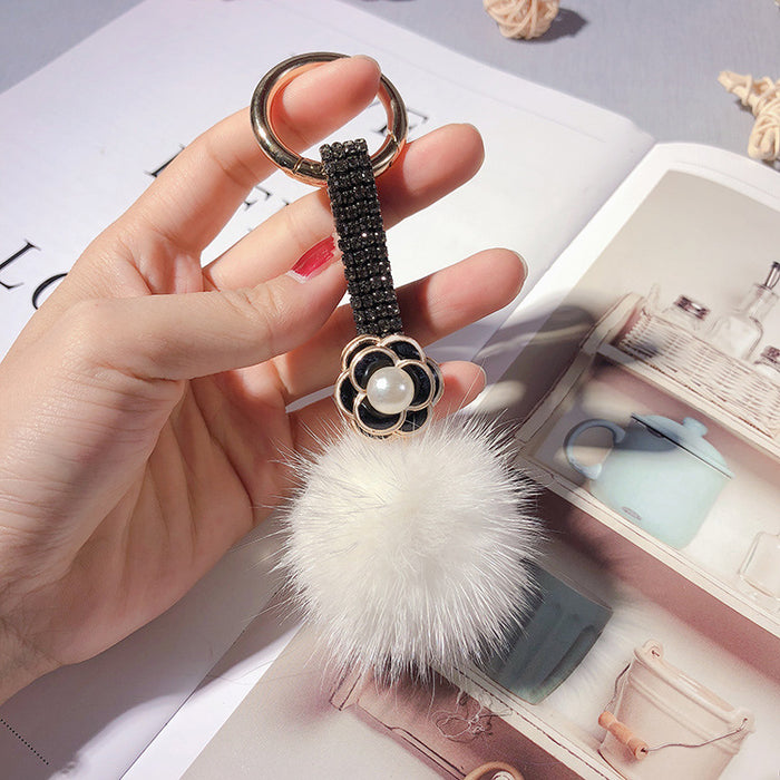 Wholesale Rhinestone Camellia Mink Ball Keychain JDC-KC-LX055