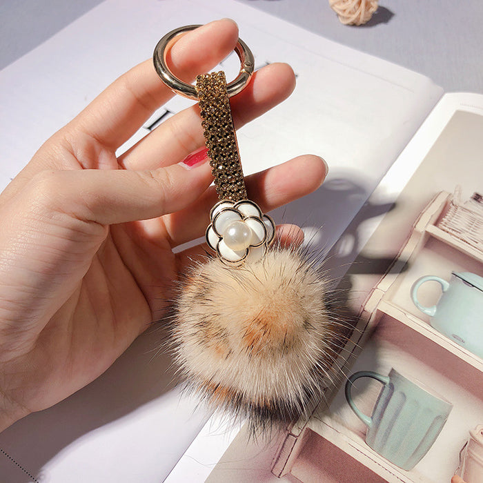 Wholesale Rhinestone Camellia Mink Ball Keychain JDC-KC-LX055