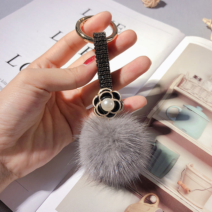 Wholesale Rhinestone Camellia Mink Ball Keychain JDC-KC-LX055