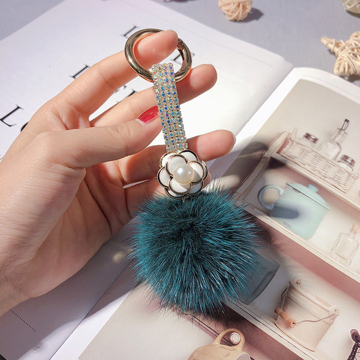 Wholesale Rhinestone Camellia Mink Ball Keychain JDC-KC-LX055