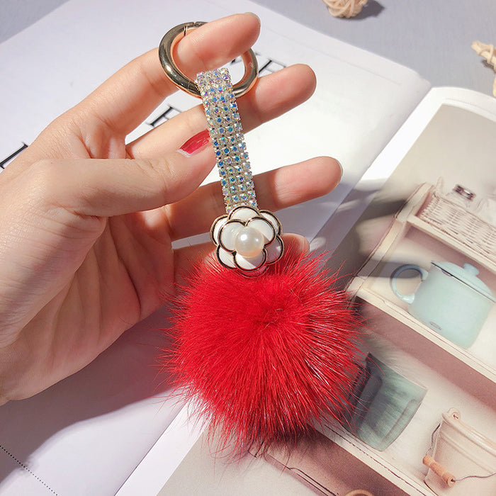 Wholesale Rhinestone Camellia Mink Ball Keychain JDC-KC-LX055