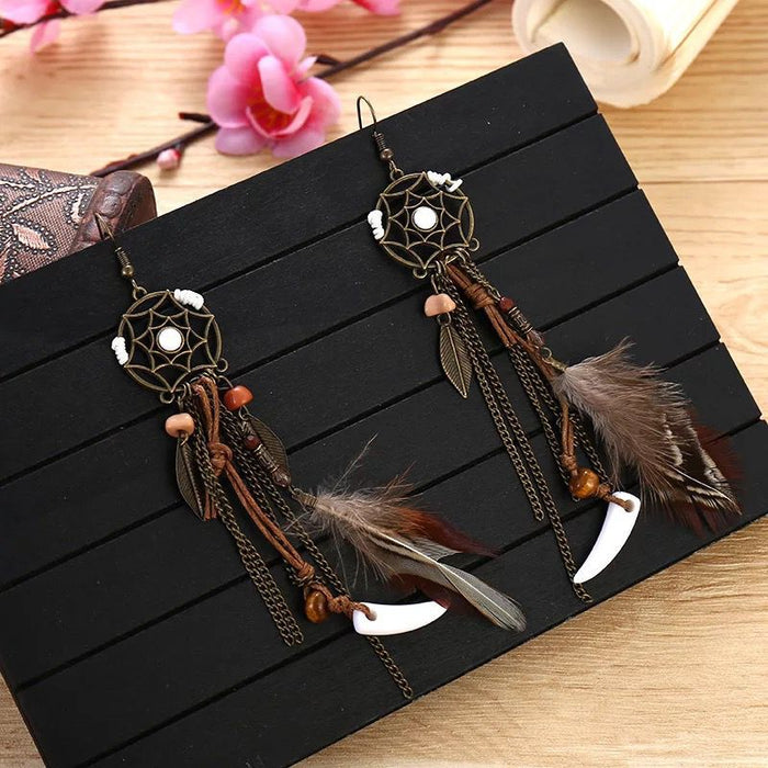 Wholesale  Vintage Feather Earrings Metal Leaf Dream Catcher Earrings