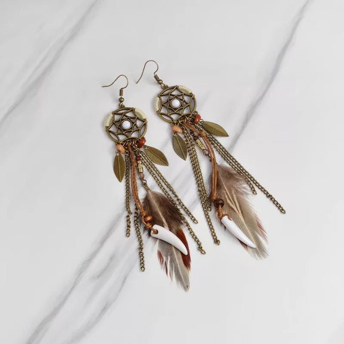 Wholesale  Vintage Feather Earrings Metal Leaf Dream Catcher Earrings