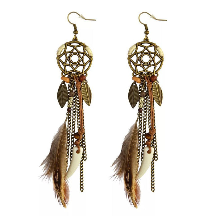 Wholesale  Vintage Feather Earrings Metal Leaf Dream Catcher Earrings