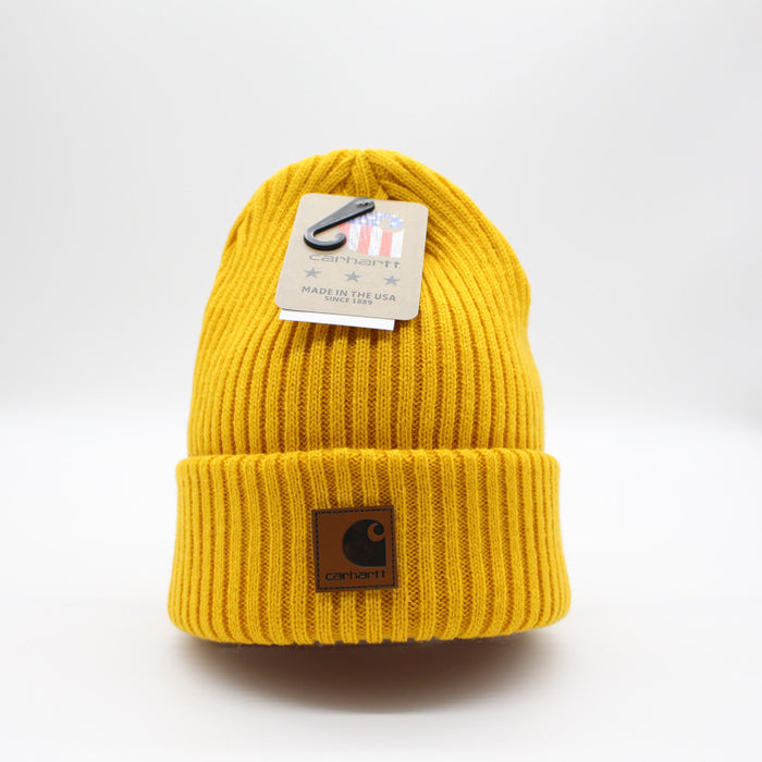 Wholesale Autumn and Winter Striped Leather Label Warm Wool Ear Hat JDC-FH-QingCL014