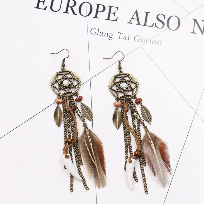 Wholesale  Vintage Feather Earrings Metal Leaf Dream Catcher Earrings