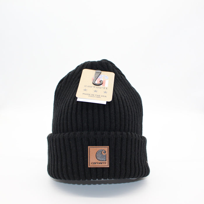 Wholesale Autumn and Winter Striped Leather Label Warm Wool Ear Hat JDC-FH-QingCL014