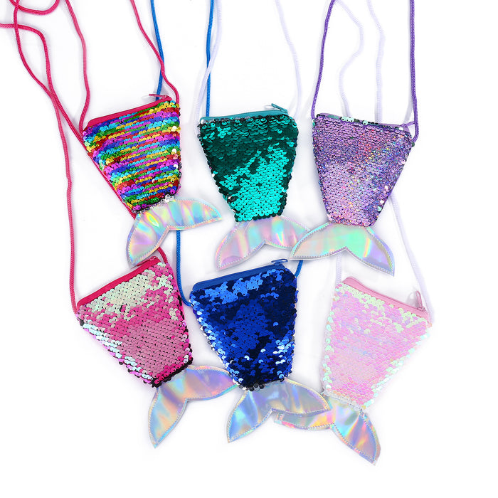 Wholesale Children' s wallet fish tail sequins lanyard coin purse girl mermaid diagonal coin bag small wallet