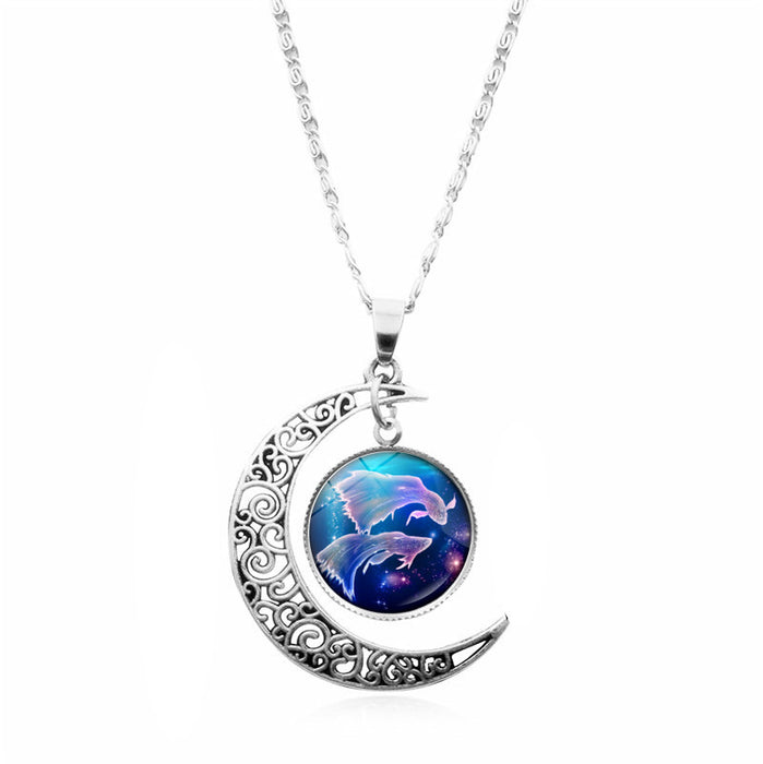 Wholesale Twelve constellation Time gem necklace silver moon pendant  sweater chain