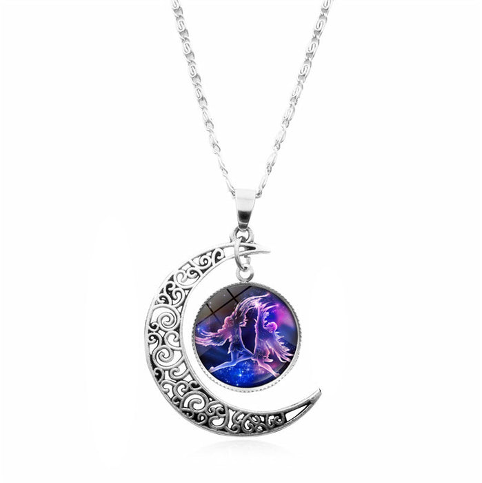 Wholesale Twelve constellation Time gem necklace silver moon pendant  sweater chain