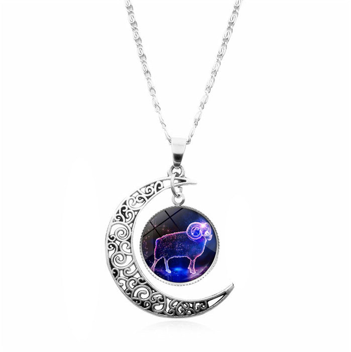 Wholesale Twelve constellation Time gem necklace silver moon pendant  sweater chain