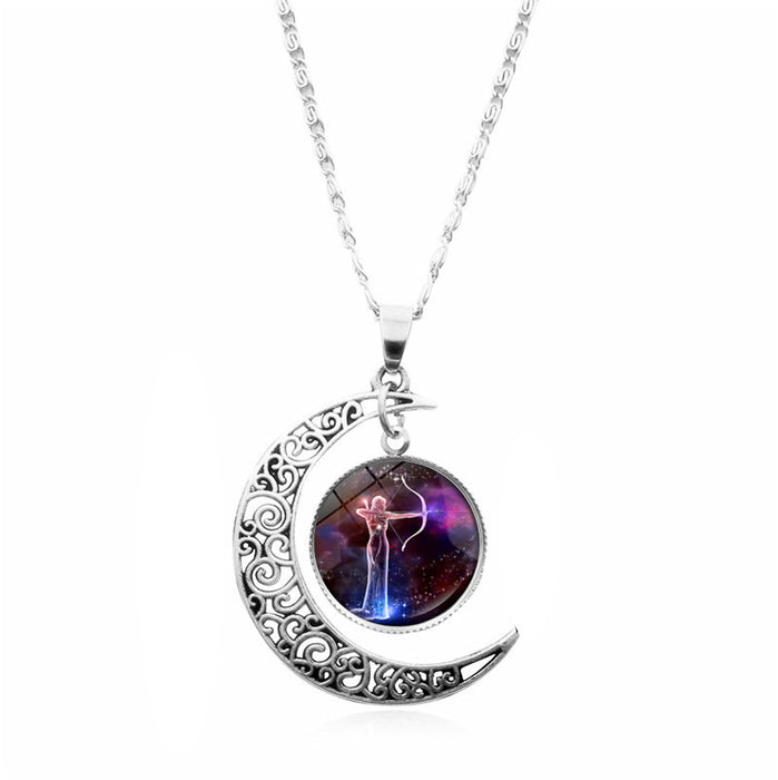 Wholesale Twelve constellation Time gem necklace silver moon pendant  sweater chain