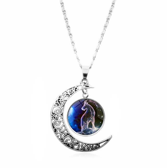 Wholesale Twelve constellation Time gem necklace silver moon pendant  sweater chain