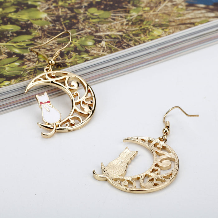 Wholesale Hollow Moon Cute Kitten Oil Drop Earrings JDC-ES-HeYu001