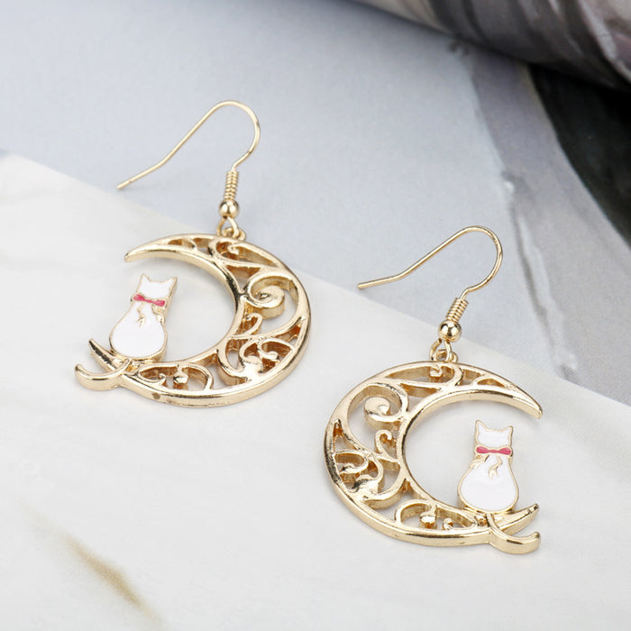 Wholesale Hollow Moon Cute Kitten Oil Drop Earrings JDC-ES-HeYu001