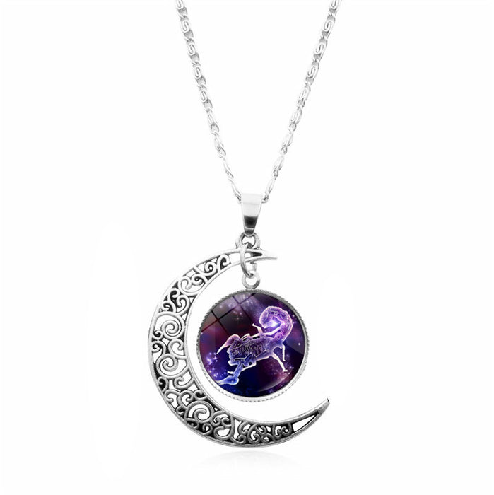 Wholesale Twelve constellation Time gem necklace silver moon pendant  sweater chain