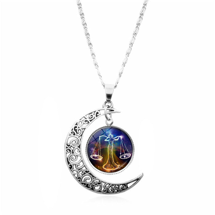 Wholesale Twelve constellation Time gem necklace silver moon pendant  sweater chain