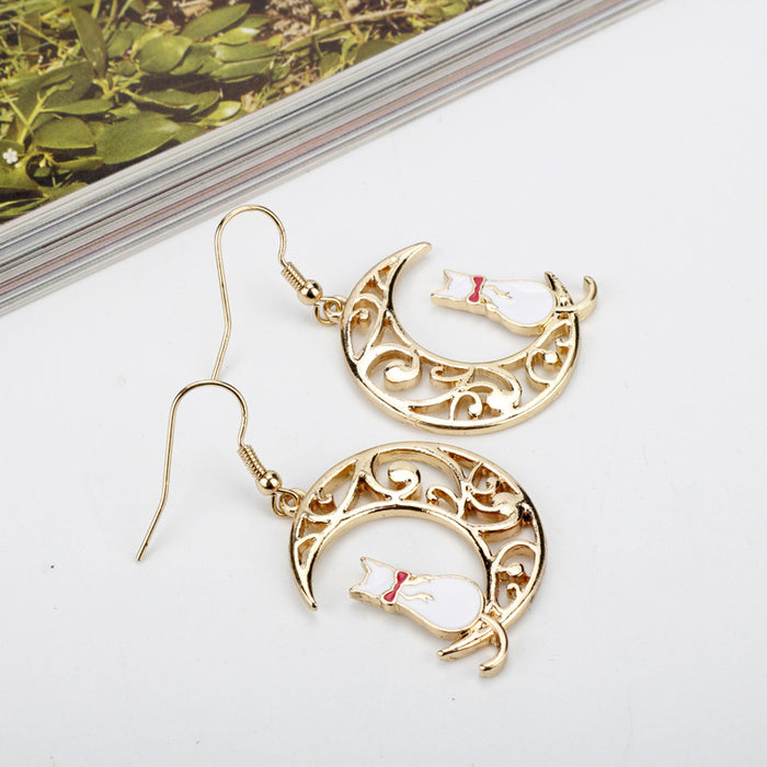 Wholesale Hollow Moon Cute Kitten Oil Drop Earrings JDC-ES-HeYu001