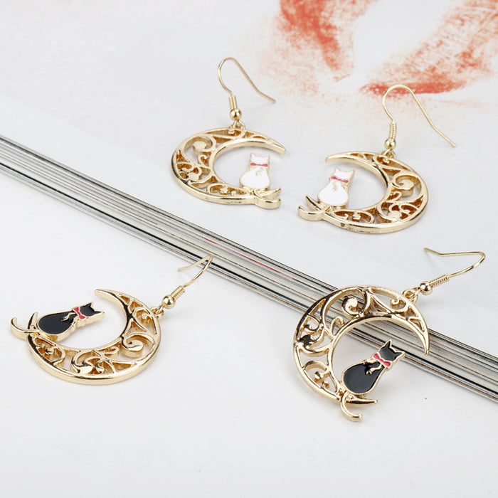 Wholesale Hollow Moon Cute Kitten Oil Drop Earrings JDC-ES-HeYu001