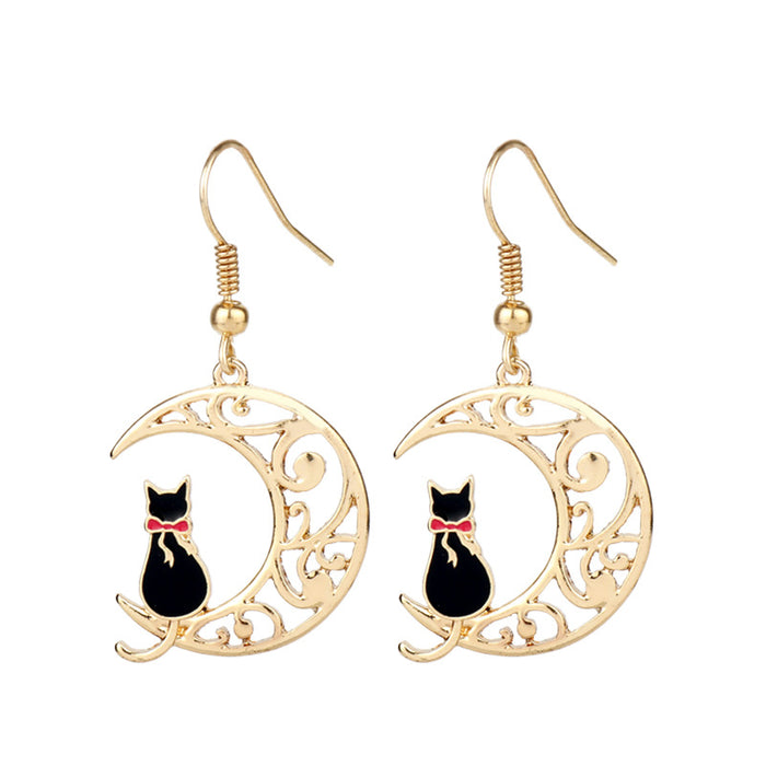 Wholesale Hollow Moon Cute Kitten Oil Drop Earrings JDC-ES-HeYu001