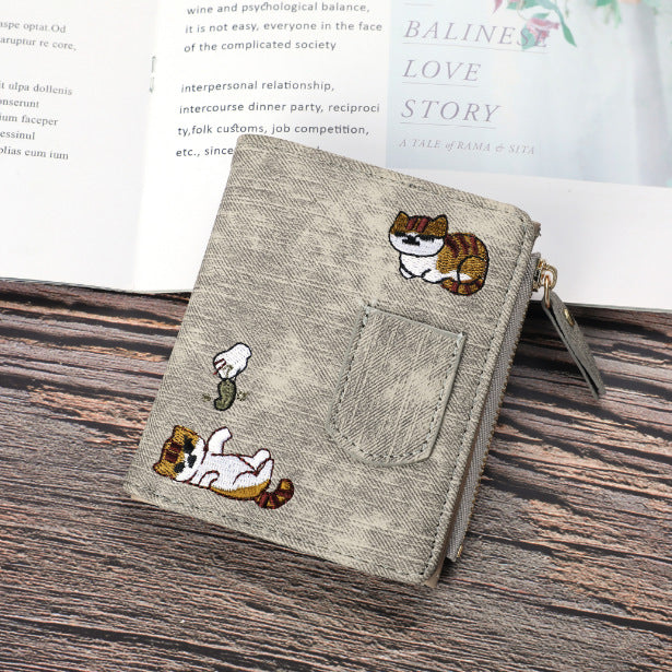 Wholesale Women's Jeans Wallet Cat Embroidery Canvas Pattern Large Capacity Button Mobile Phone Pocket Decorative Lady's Bag