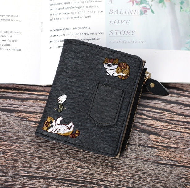 Wholesale Women's Jeans Wallet Cat Embroidery Canvas Pattern Large Capacity Button Mobile Phone Pocket Decorative Lady's Bag