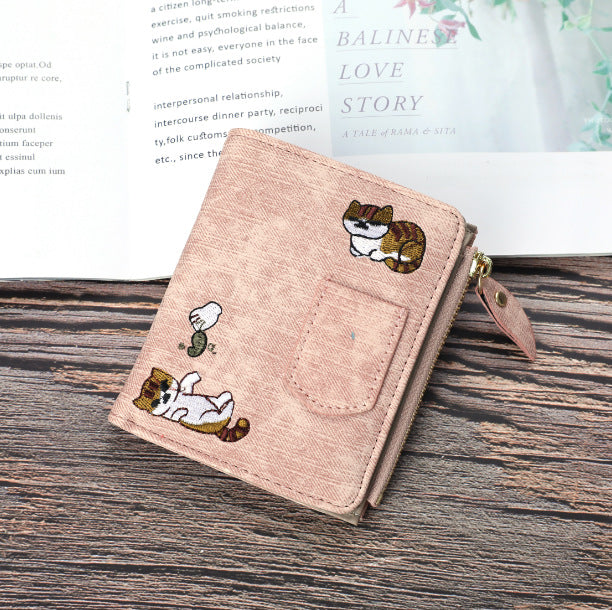 Wholesale Women's Jeans Wallet Cat Embroidery Canvas Pattern Large Capacity Button Mobile Phone Pocket Decorative Lady's Bag