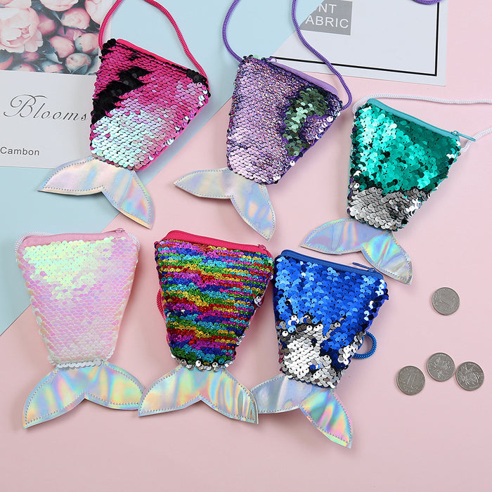 Wholesale Children' s wallet fish tail sequins lanyard coin purse girl mermaid diagonal coin bag small wallet
